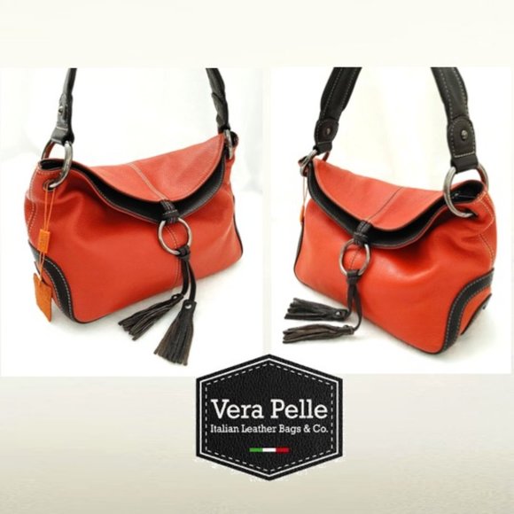 VERA PELLE Orange Leather Shoulder Satchel Bag Brown Trim Flaps w/ Tassels Zips - Picture 5 of 10